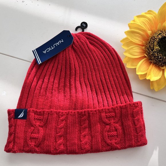 Nautica Women's One Size Red Cable Knit Beanie, Winter Cuffed Cup Hat NW - Picture 2 of 13